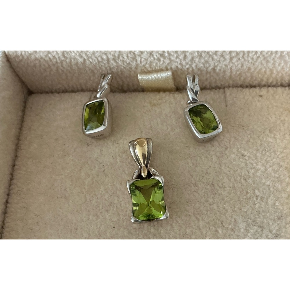 Vintage 1980-1990s Peridot Pendant & Earrings 18K Gold and 925 Sterling Settings